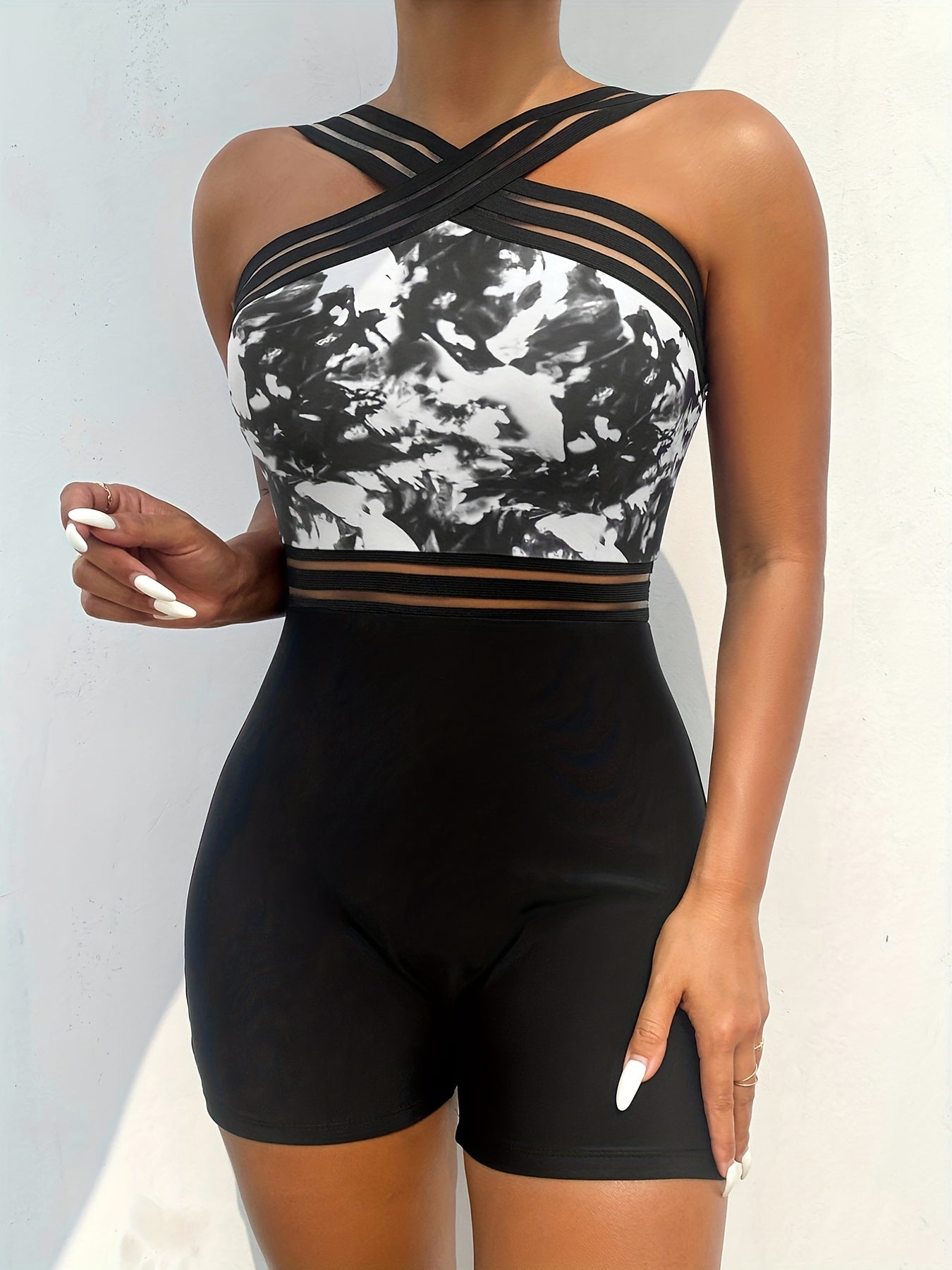 Criss Cross Neck Colorblock One Piece Swimsuit
