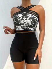 Criss Cross Neck Colorblock One Piece Swimsuit