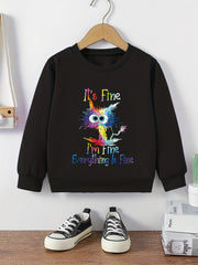 Girls Cat Graphic Sweatshirt - Comfy Casual Kids Active Pullover Top