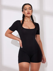Women's Ribbed Yoga Rompers Solid Short Sleeve Sport Romper