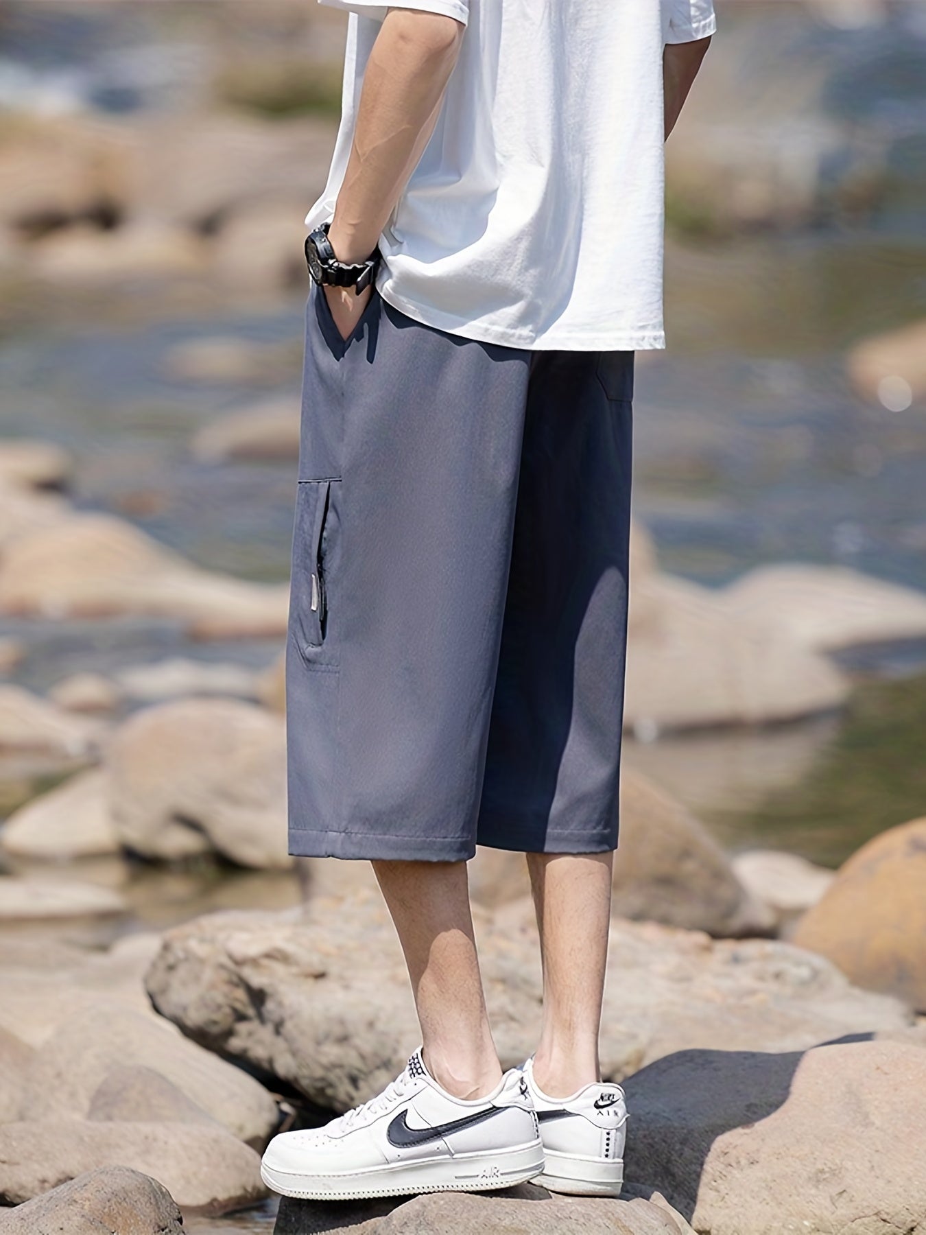 Men's Comfy Drawstring Long Shorts Zipper Pocket Summer Outdoor