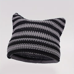 Y2K Striped Cat Ear Knit Hat Summer Ice Silk Beanie