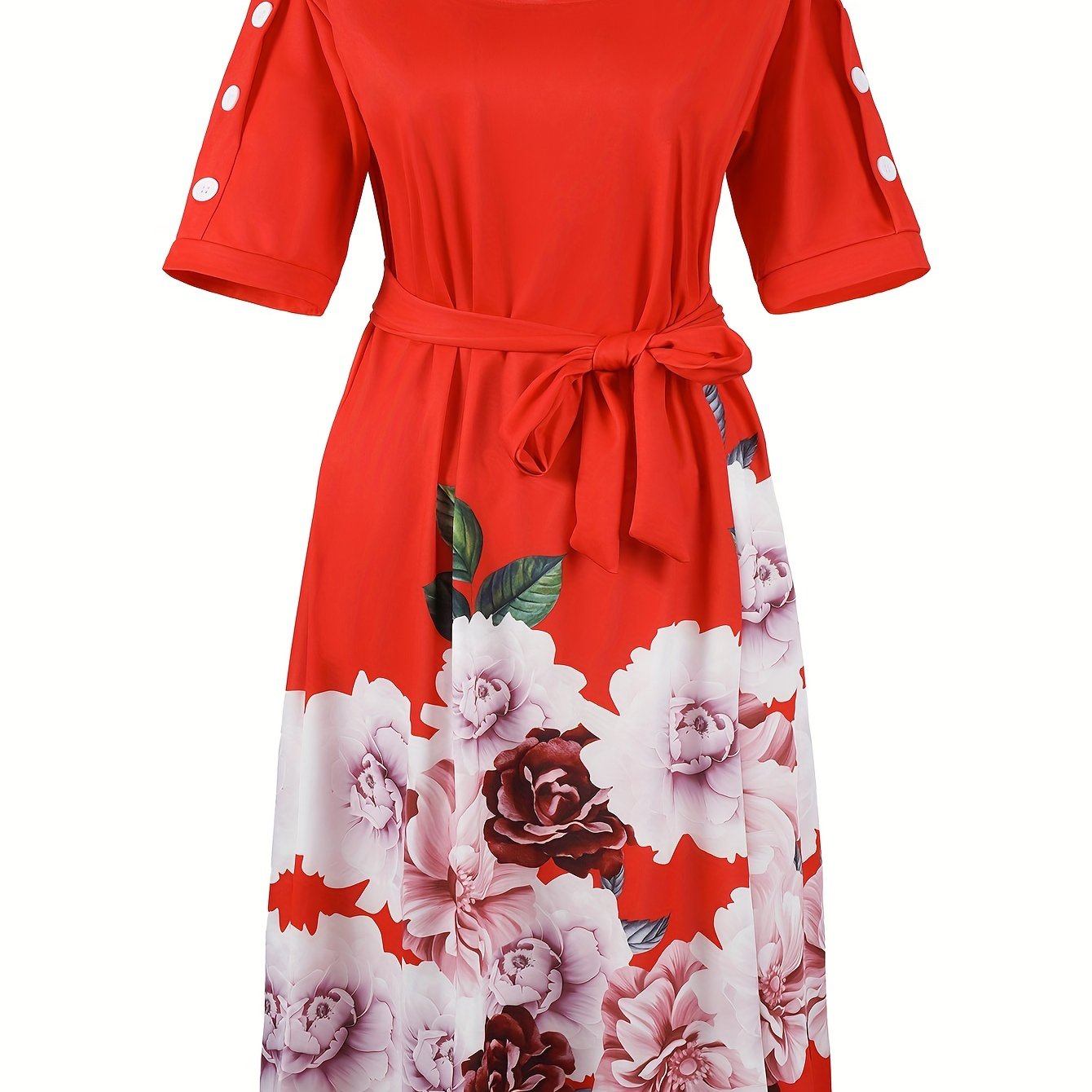 Women's Plus Floral Print Button Decor Short Sleeve Dress
