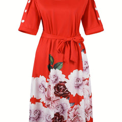 Women's Plus Floral Print Button Decor Short Sleeve Dress