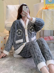 Floral Print Fuzzy Pajama Set Long Sleeve Top & Pants Women's Sleepwear