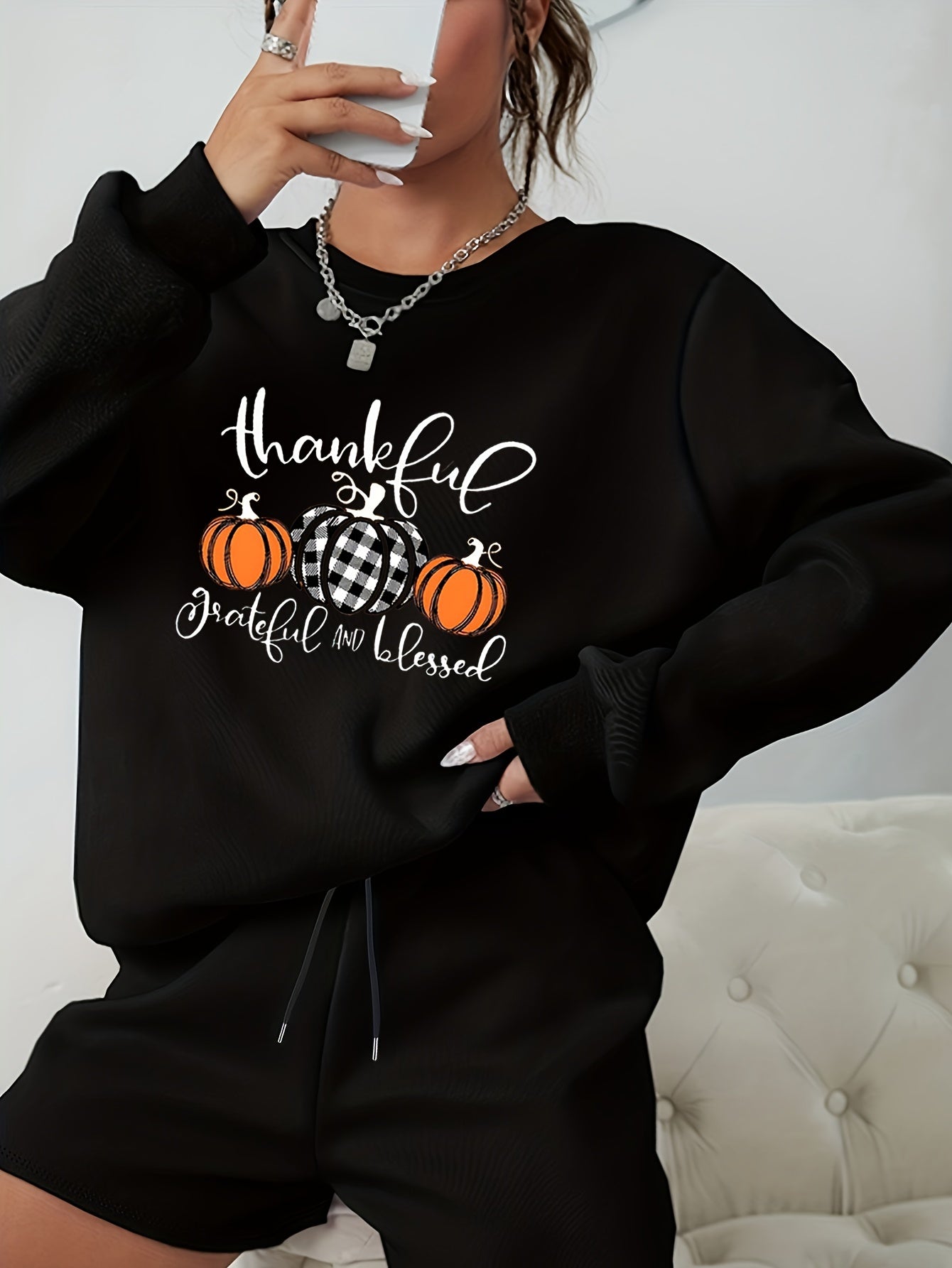 Thanksgiving 2 Piece Set Pumpkin Sweatshirt & Shorts