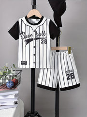 2pcs Boys Teen Casual Striped Baseball T shirt & Shorts Set