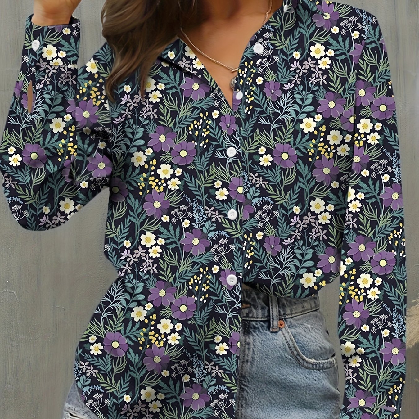 Casual Blouse Women's Plus Floral Print Long Sleeve