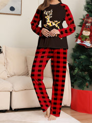 Christmas Pajamas Set Women's Geo Elk & Letter Print Tee & Plaid Pants