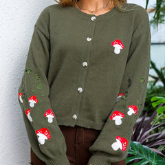 Mushroom Embroidery Knit Cardigan Button Front Long Sleeve Sweater
