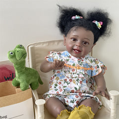 24" 60 Cm Reborn Baby Doll Smiling Face Dark Brown Hair Soft Body Art Collection