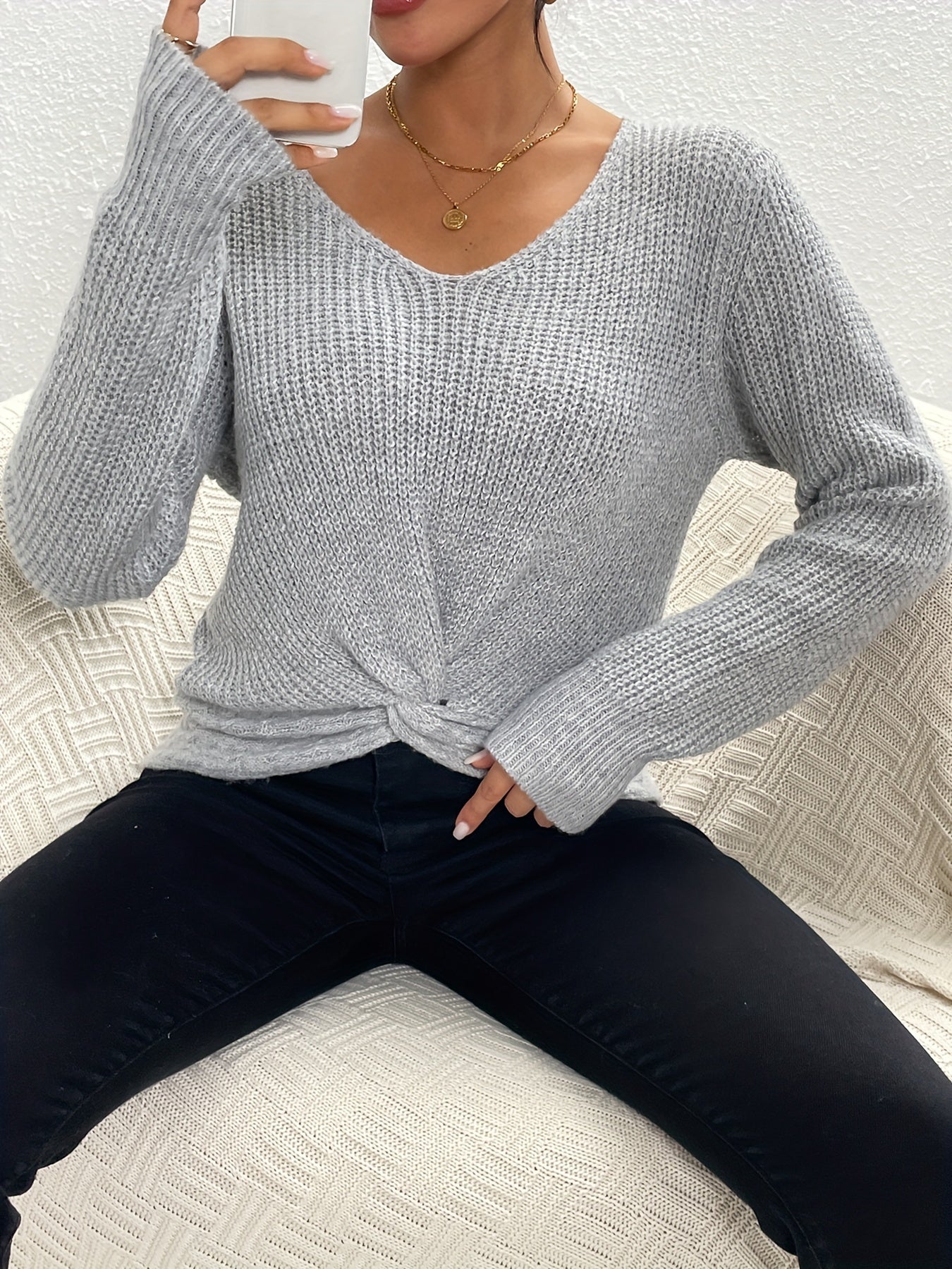 Twist Front V Neck Sweater Long Sleeve Casual Winter Fall Women's Clothing