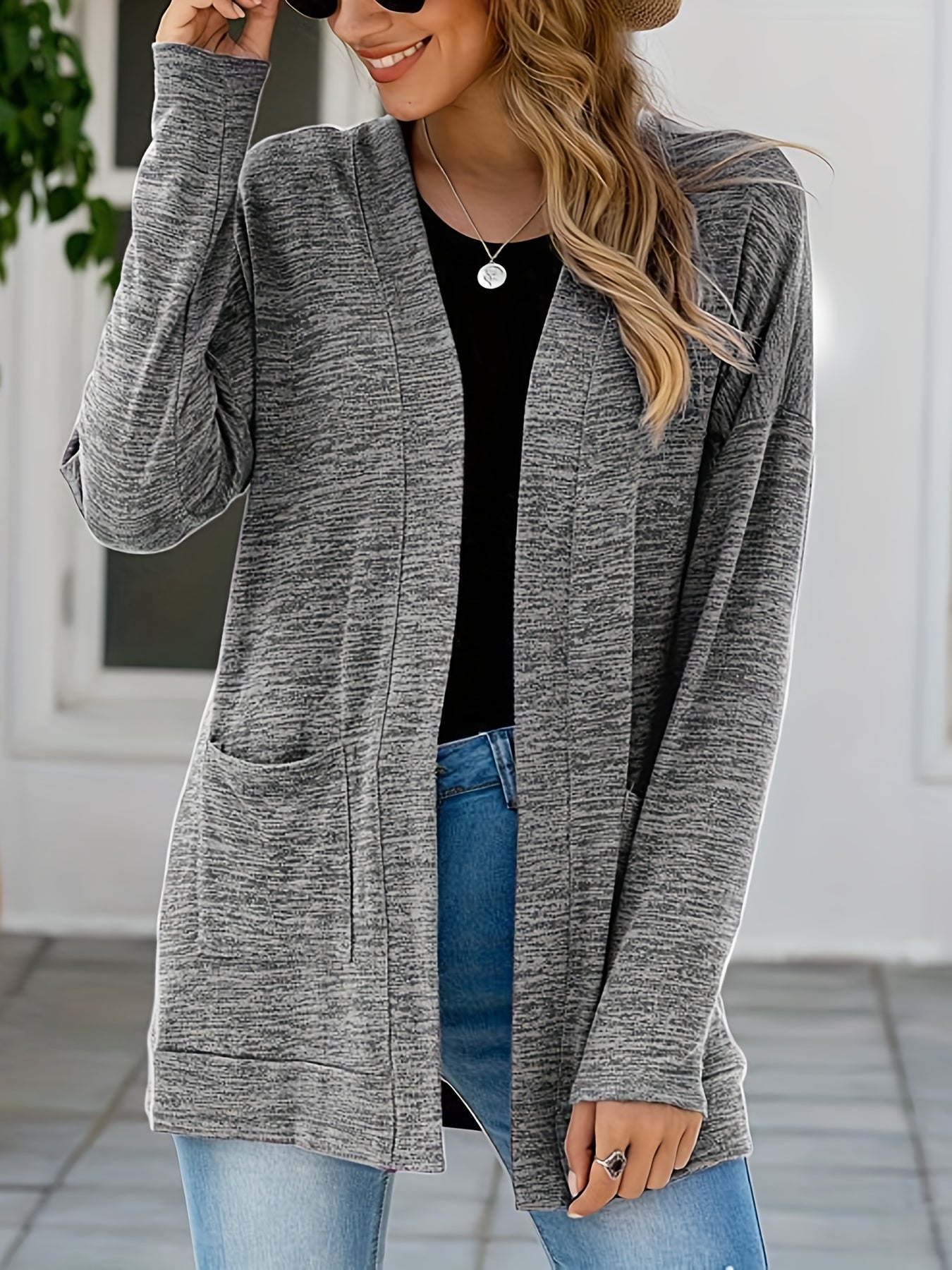 Solid Drop Shoulder Cardigan with Pockets for Women