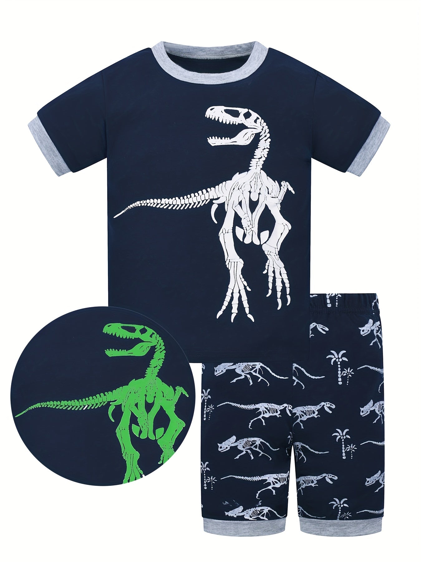2pcs Toddler Boys Glow Dino Pajamas Set