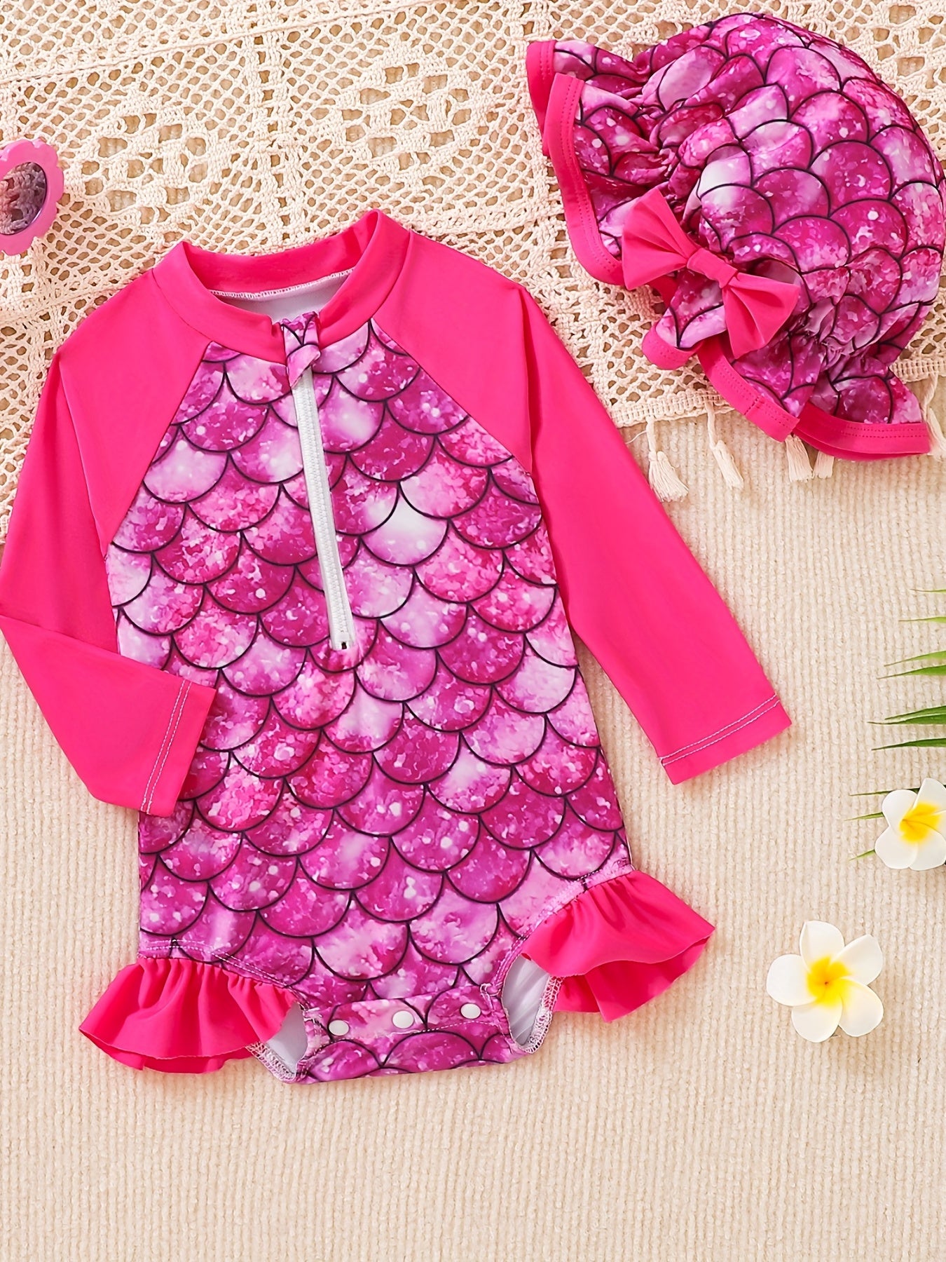 Girls Strawberry Print Swimsuit & Hat 2pcs Set