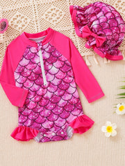 Girls Strawberry Print Swimsuit & Hat 2pcs Set