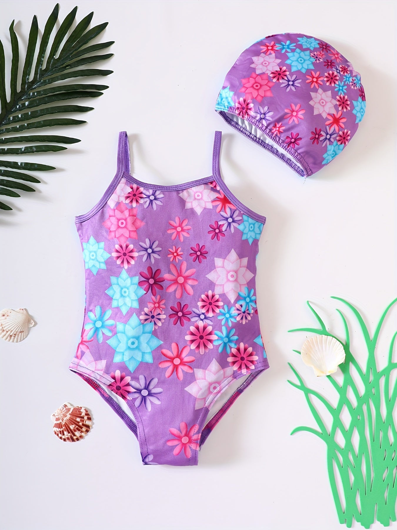 Girl's Unicorn Print Onesie Swimsuit & Cap