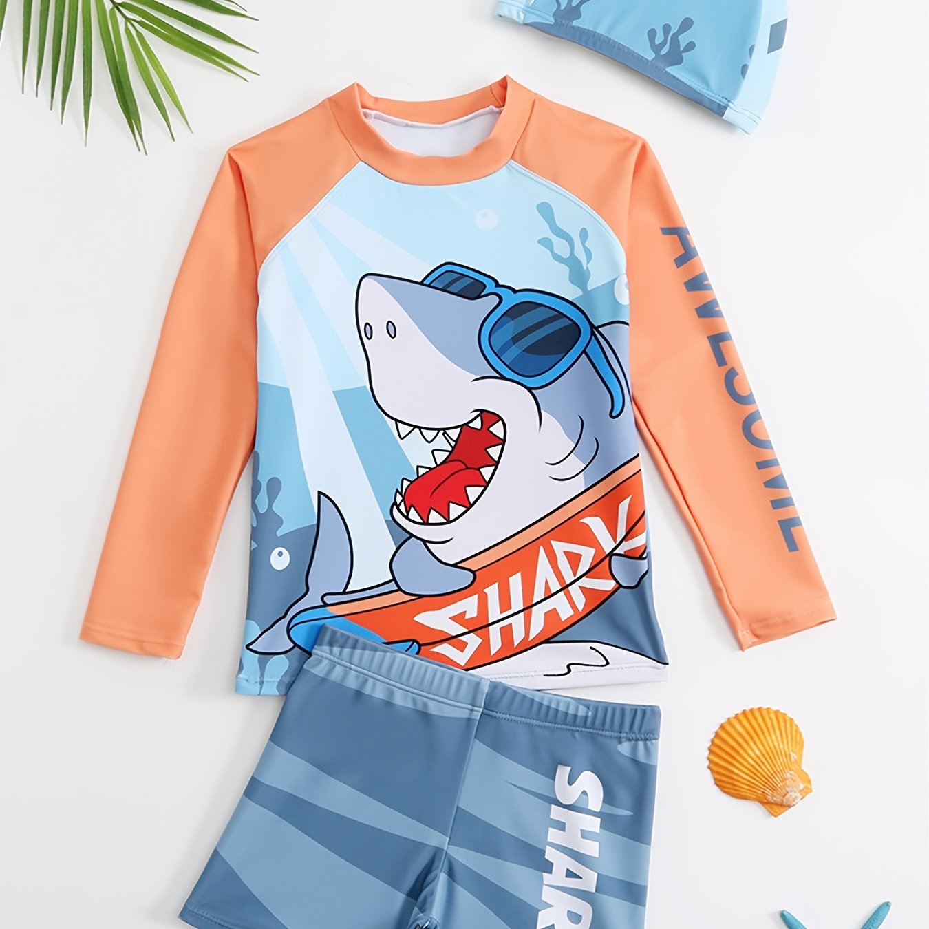 Boys Cartoon Shark Swimwear Set Long Sleeve Casual Kids Clothes