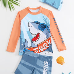 Boys Cartoon Shark Swimwear Set Long Sleeve Casual Kids Clothes
