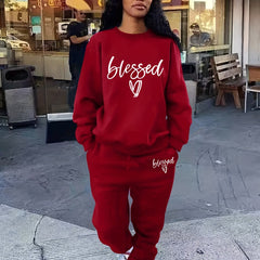 Blessed Letter Print Casual Two piece Set Long Sleeve Tops & Drawstring