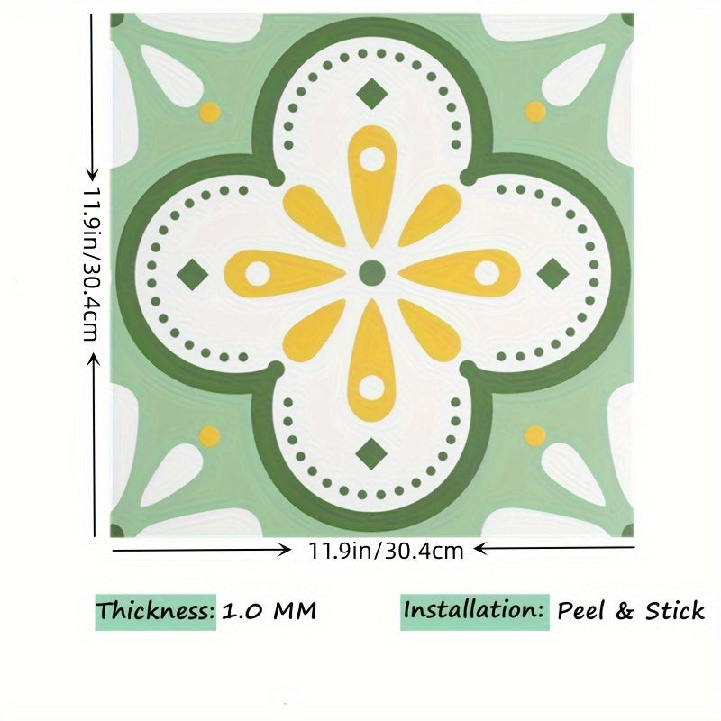 10pcs Green Flower Pattern Peel And Stick Floor Tile