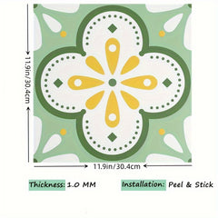 10pcs Green Flower Pattern Peel And Stick Floor Tile