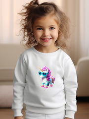 Girls Unicorn Pattern Crew Neck Long Sleeve Sweatshirt For Spring Fall