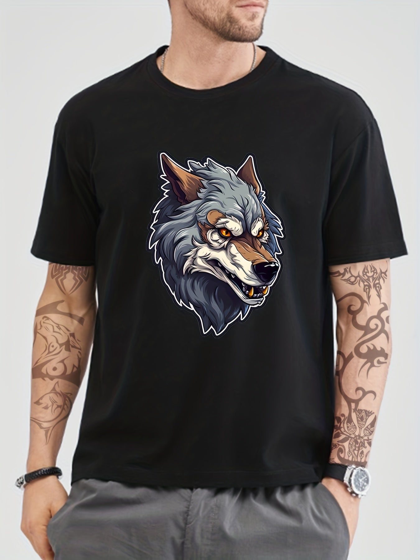 Anime Wolf Print Men's Cotton T-shirt for Summer Vacay