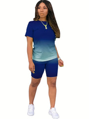 Gradient Casual 2pc Set Crew Neck Tee & Slim Shorts Outfits Women's Clothing