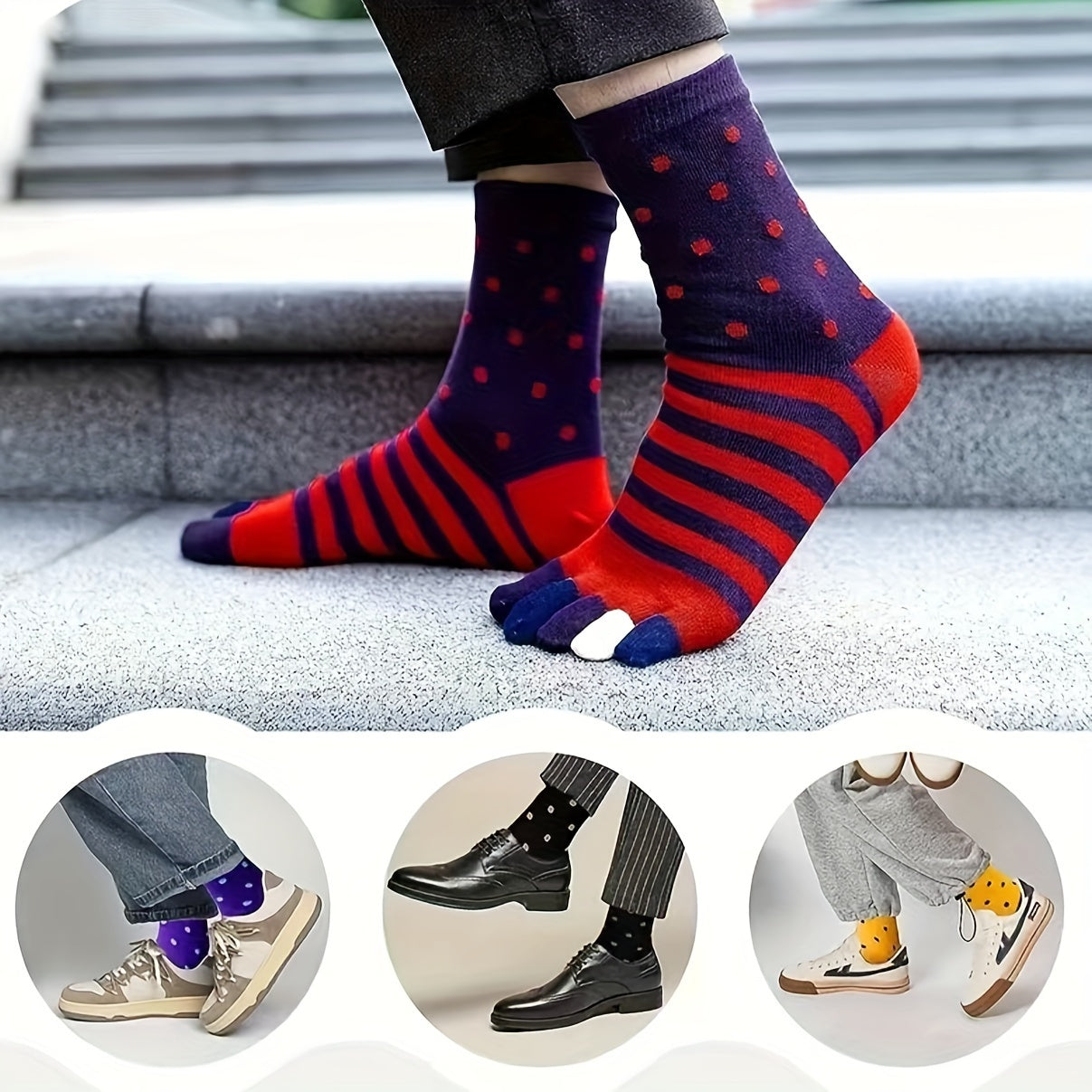 Men's Split Toe Tabi Socks Low Cut Five Toe Stripe Design