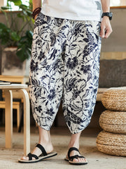 Retro Elephant Pattern Men's Cropped Beach Pants
