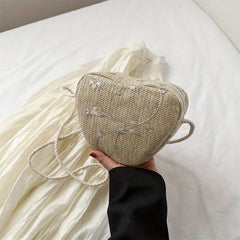 Casual Straw Woven Crossbody Bag Heart Shaped Flower Crossbody Bag