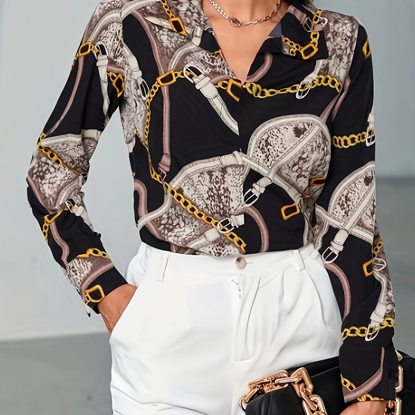 Casual Blouse Women's Plus Chain & Snakeskin Print Long Sleeve