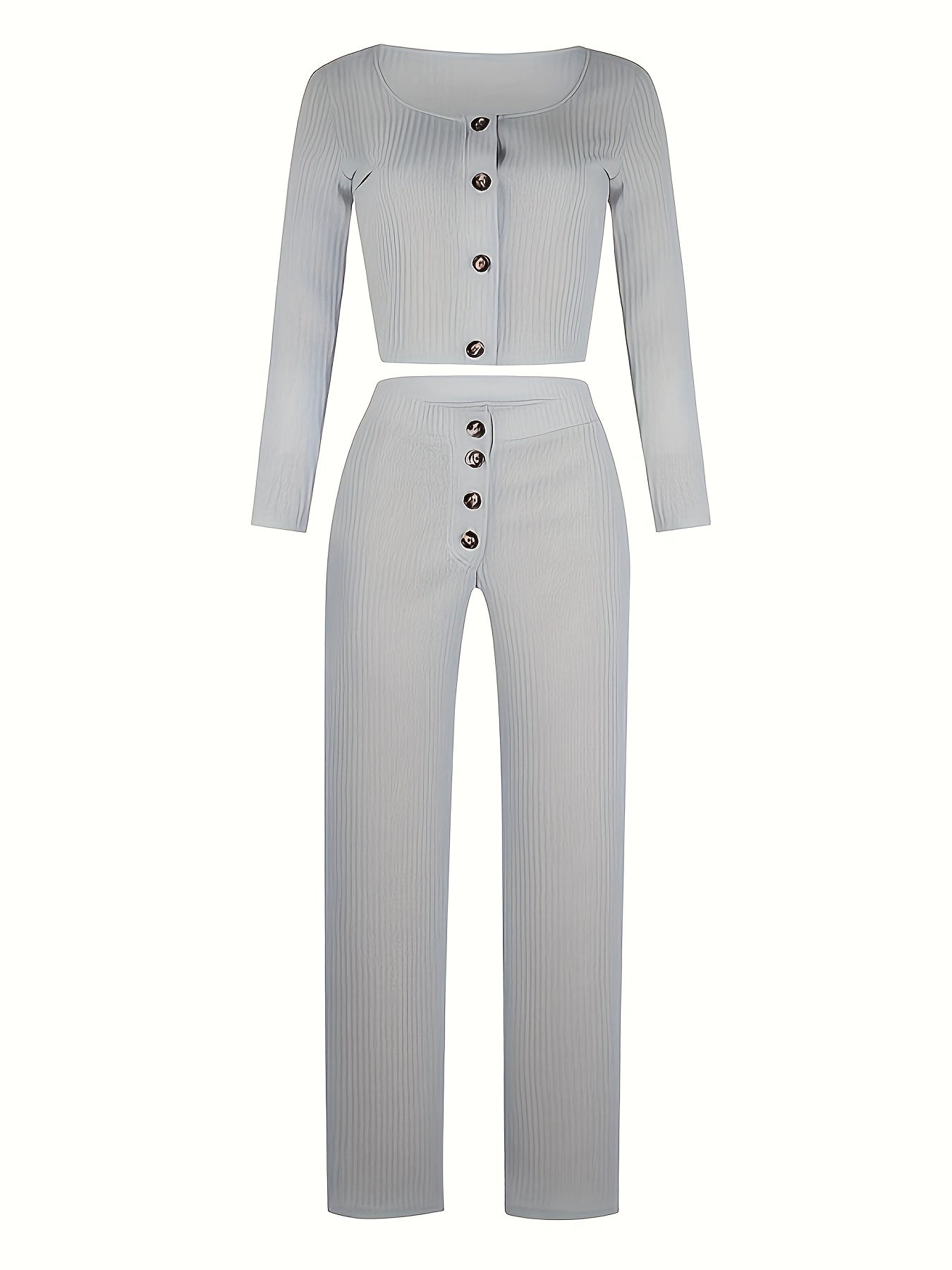 Solid Ribbed Lounge Set Long Sleeve Top & Pants Women's Loungewear