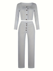Solid Ribbed Lounge Set Long Sleeve Top & Pants Women's Loungewear