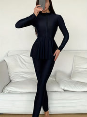 Solid Zipper Skinny Jumpsuit Casual Ruffle Stitching Long Sleeve Jumpsuit