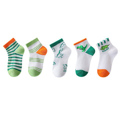 5 Pairs Boys Dino Print Crew Socks Thin Breathable Striped Casual Knit Socks