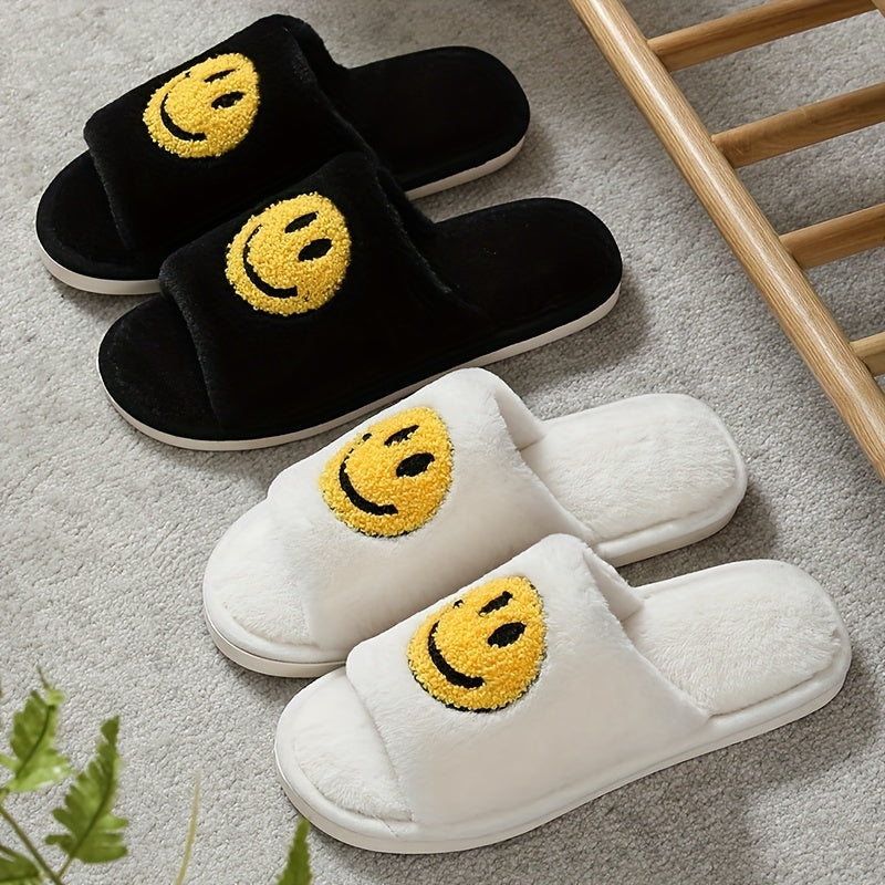 Women's Smile Face Pattern Slippers Casual Slip On Plush Shoes