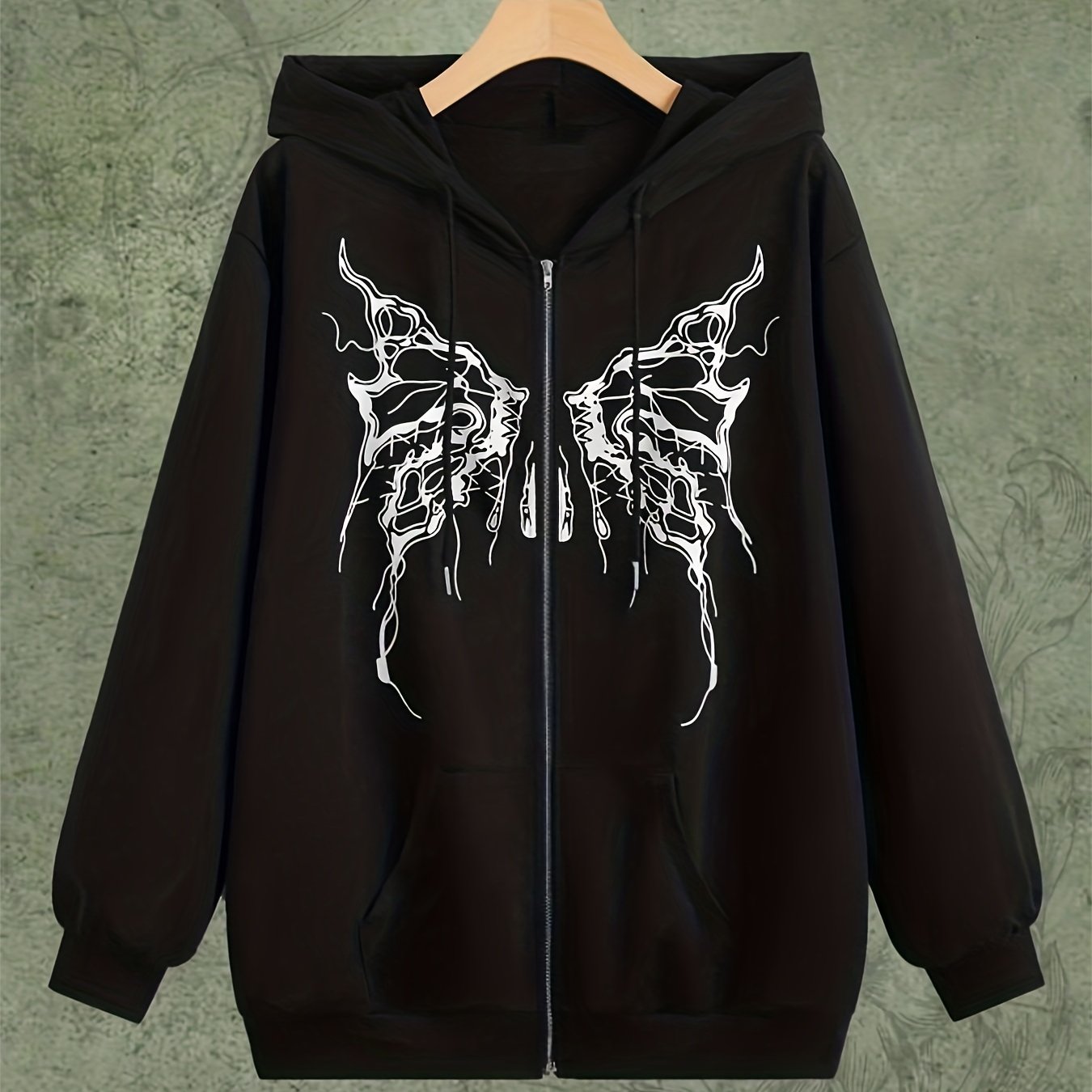 Skull Butterfly Print Zip Up Hoodie Long Sleeve Drawstring Hoodies