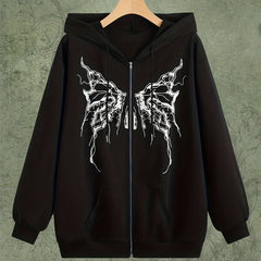Skull Butterfly Print Zip Up Hoodie Long Sleeve Drawstring Hoodies
