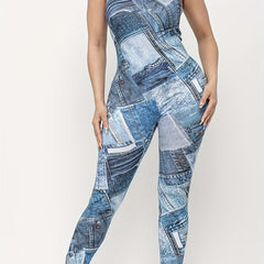 Plus Denim Print Scoop Neck High Stretch Jumpsuit