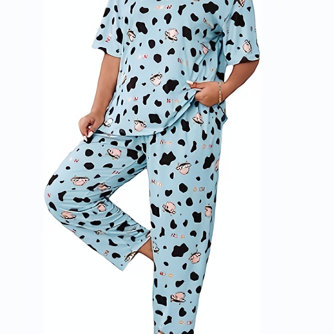 Cow Print Pajama Set Short Sleeve Tee & Pants