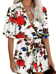 Boho V Neck Half Sleeve Jumpsuit Tie Waist Casual Jumpsuit