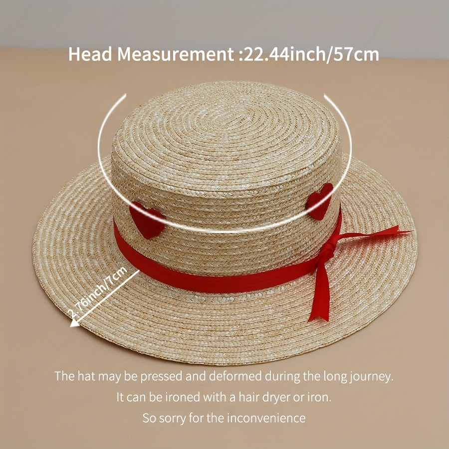 Heart Ribbon Decor Hat Flat Top Jazz Straw Hat UV Protection Summer Travel Beach