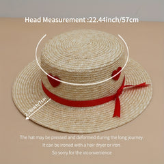 Heart Ribbon Decor Hat Flat Top Jazz Straw Hat UV Protection Summer Travel Beach