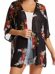 Floral Print Chiffon Kimono Beachwear Loose Casual Cardigan