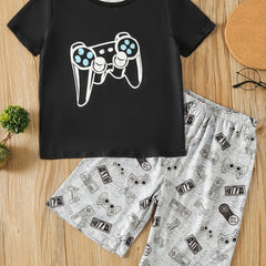 Boys Gamepad Print T Shirt & Shorts Set Summer Clothes