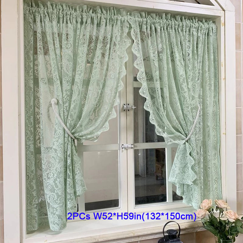 Green Beaded Lace Short Kitchen Curtain Light Filtering Half Curtain
