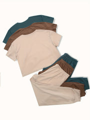 3-Piece Lounge Set Short Sleeve Crew Neck Top & Pants Women's Loungewear