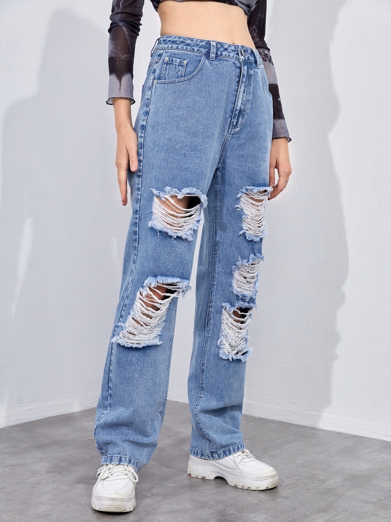 Distressed High Waist Wide Leg Jeans